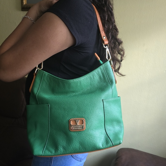 Valentina Handbags - Valentina Green and Tan Hobo Bag with Leather Accents